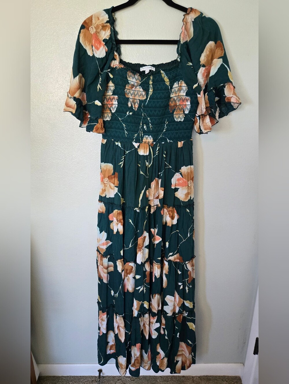 Baltic Born | Southampton Green Floral Smocked Maxi Dress Size Medium